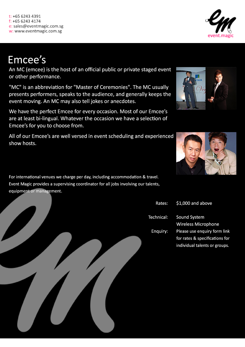 Emcee for hire Singapore, Emcee Singapore, Compere for hire, Host Singapore, MC Singapore eventmagic.com.sg master of Ceremony, Emcee, Host