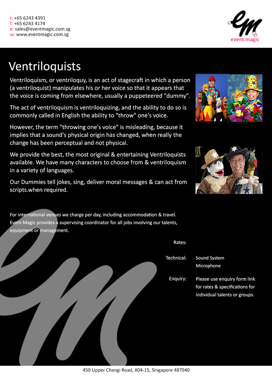 for hire Singapore, Puppet show, ventriloquism Singapore, Ventriloquist for hire, 